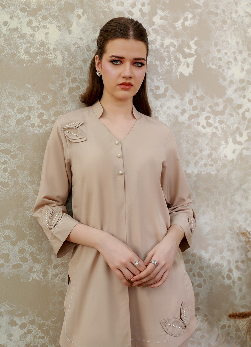 Ripret Women RTW Embroidered Double Georgette 2 Piece Beige Flowers - Eid Collection