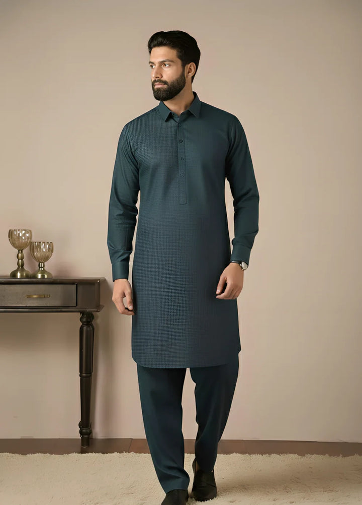 Gold Medal by Stitching Cotton Men RTW Solid Poly 2 Piece Suit Teal - Casual Collection