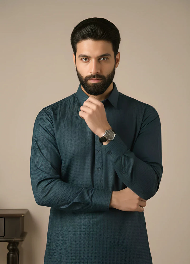 Gold Medal by Stitching Cotton Men RTW Solid Poly 2 Piece Suit Teal - Casual Collection
