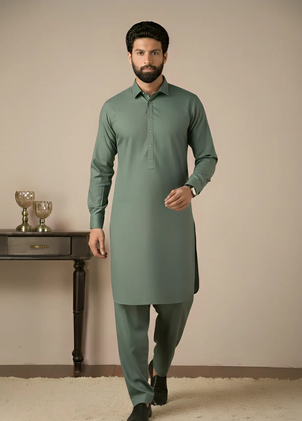 Gold Medal by Stitching Cotton Men RTW Solid Poly 2 Piece Suit Olive SMKS-134 - Casual Collection