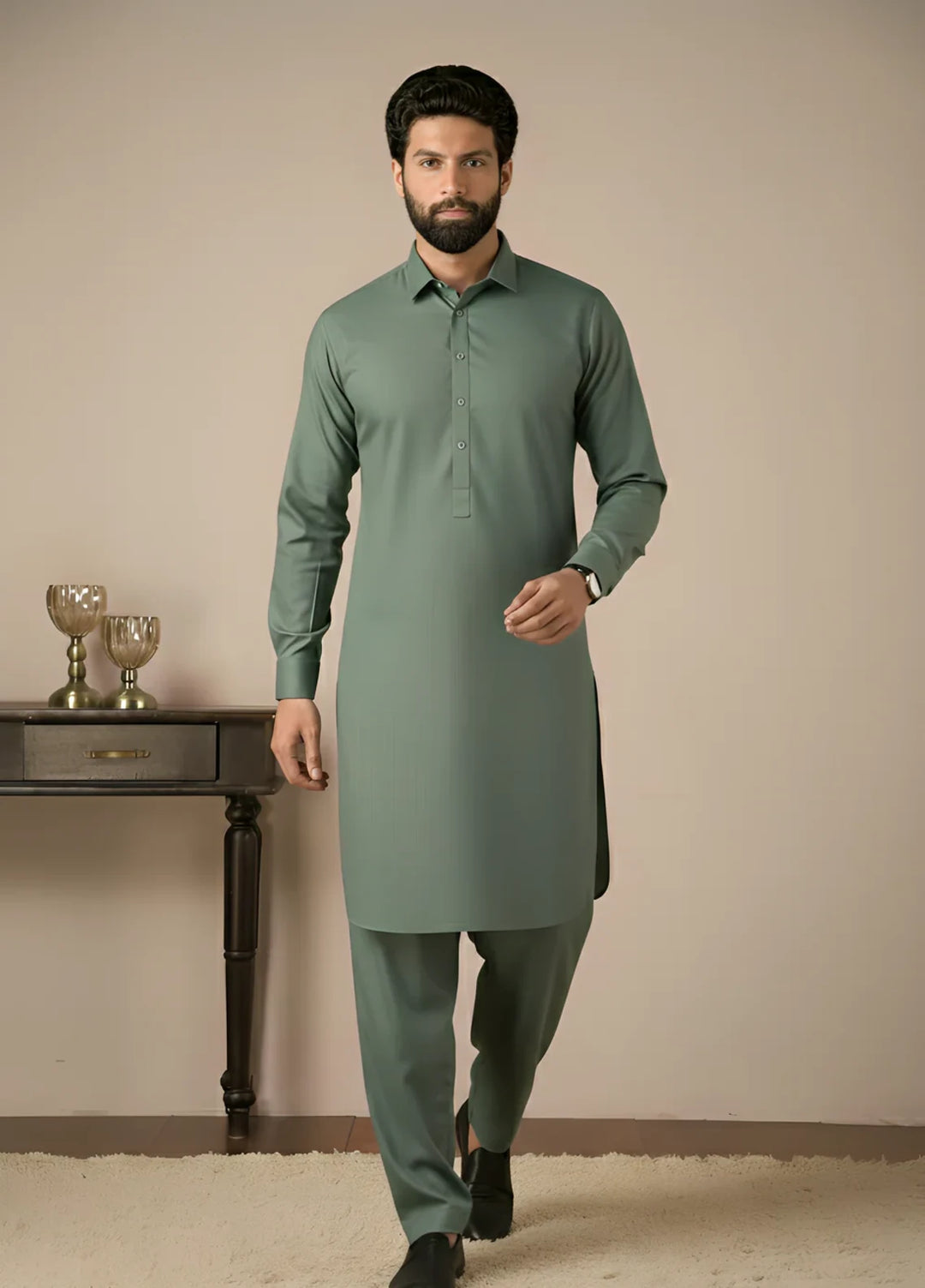 Gold Medal by Stitching Cotton Men RTW Solid Poly 2 Piece Suit Olive SMKS-134 - Casual Collection
