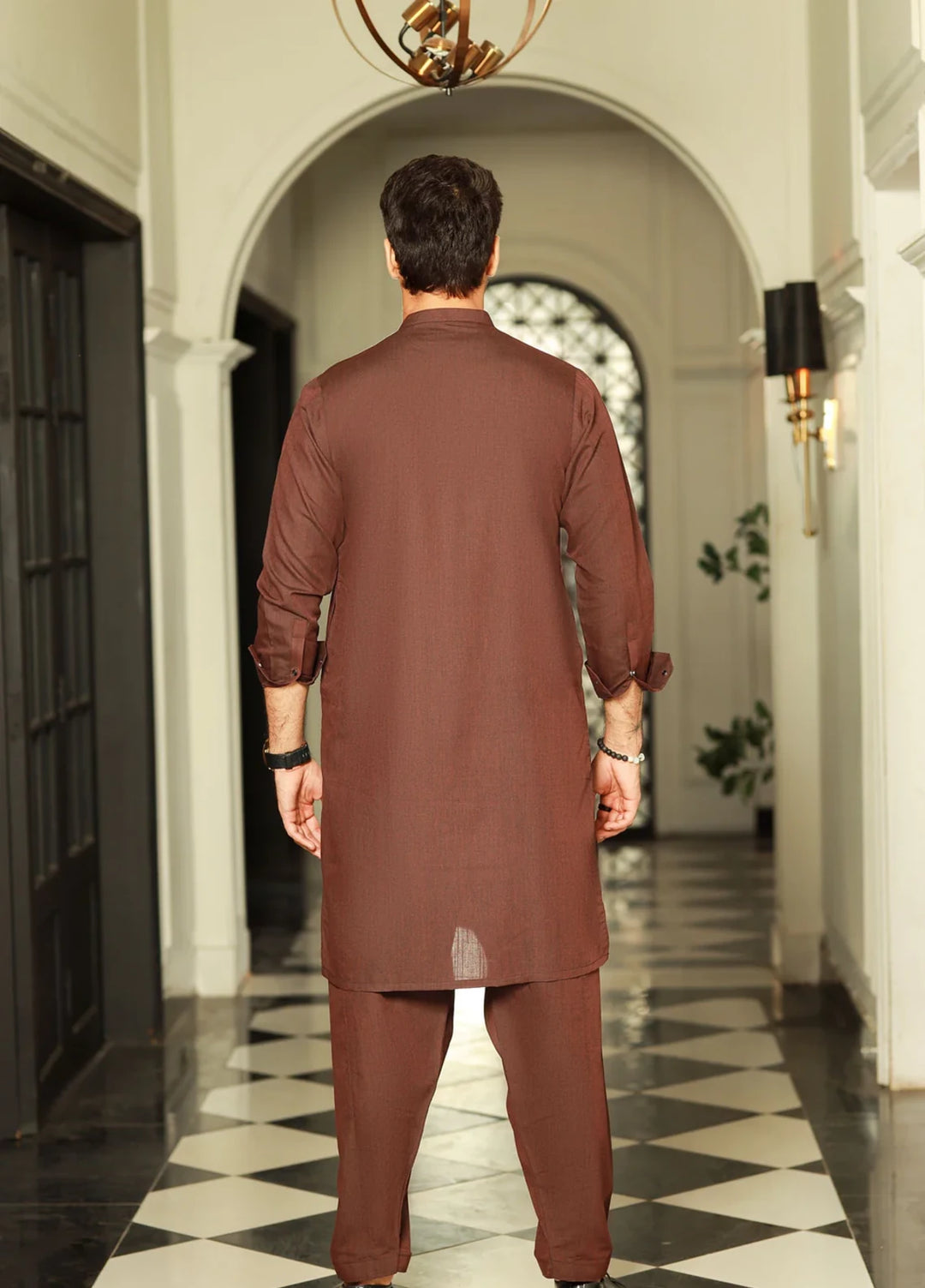 Stitching Cotton RTW Men Poly Kameez Shalwar Suit Vintage Dark Mahroon - Casual Collection