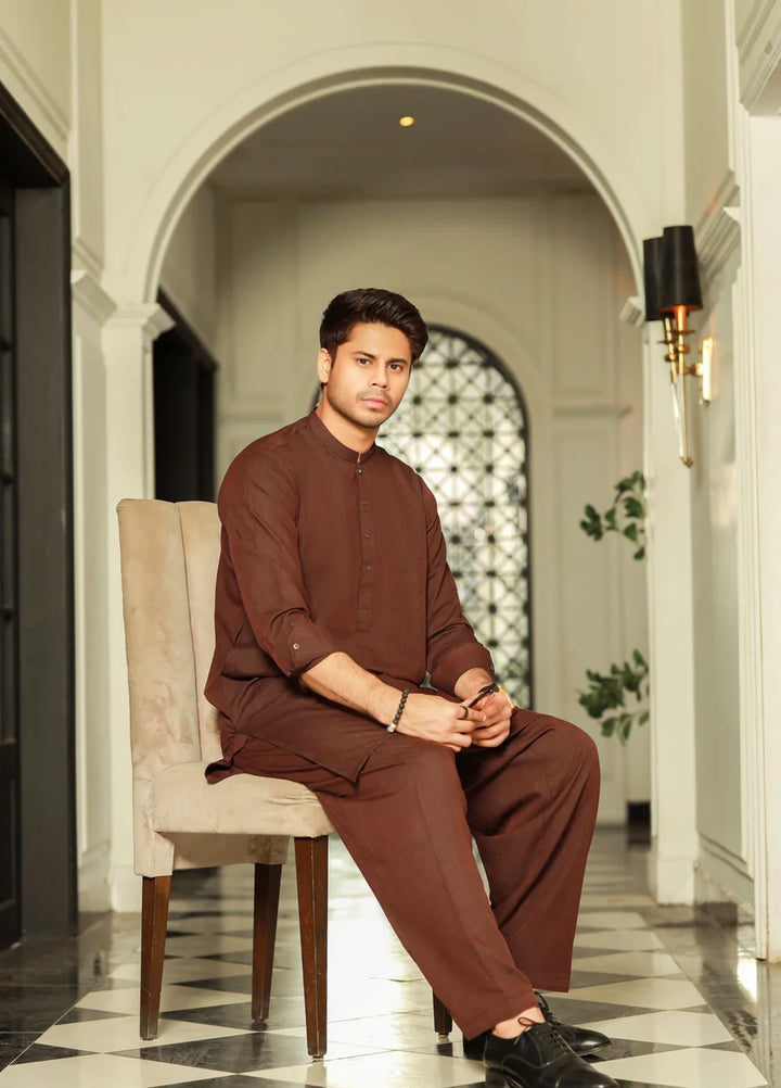 Stitching Cotton RTW Men Poly Kameez Shalwar Suit Vintage Dark Mahroon - Casual Collection