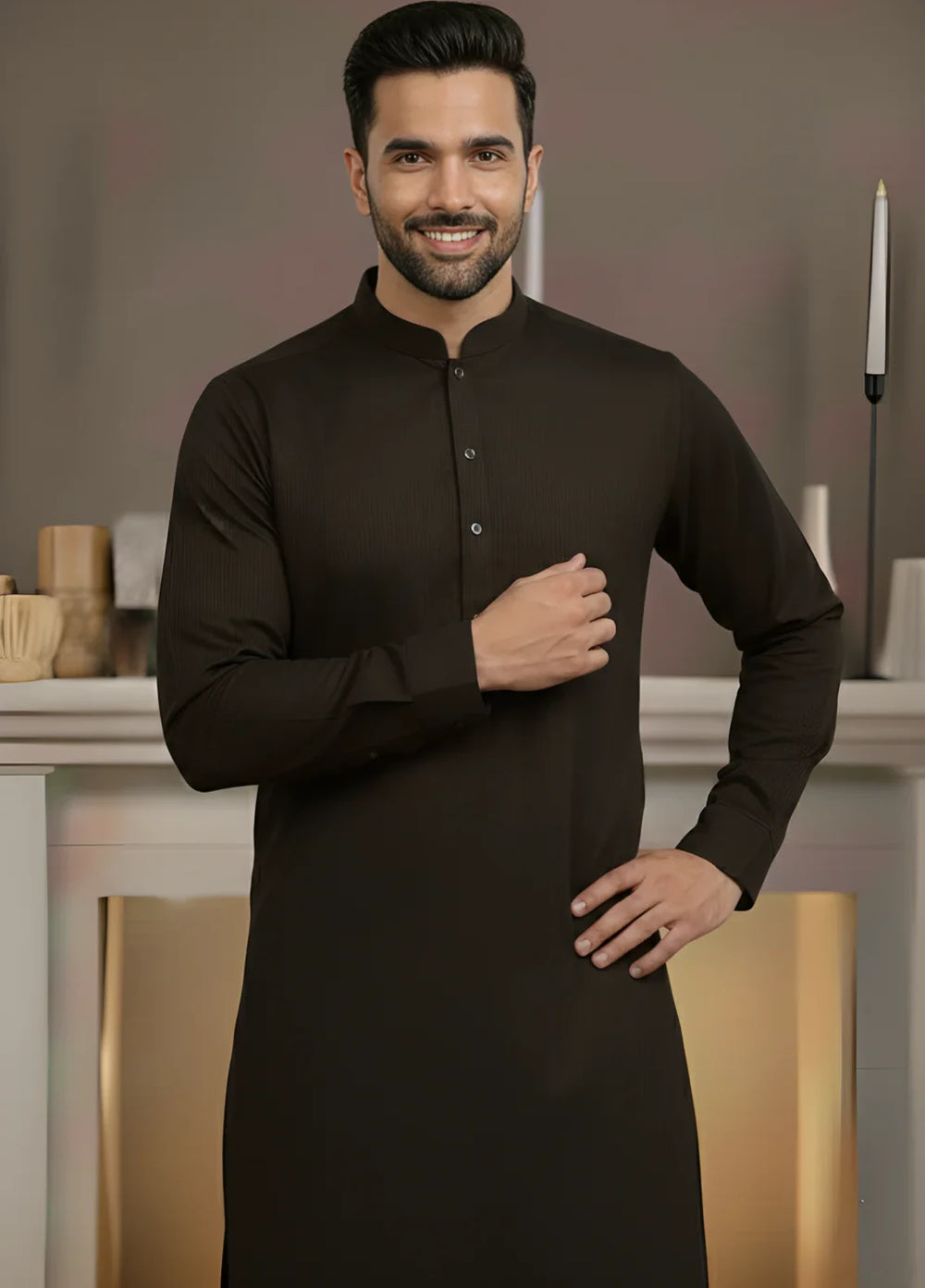 Stitching Cotton RTW Men Poly Kameez Shalwar Suit Vintage Charcoal - Casual Collection