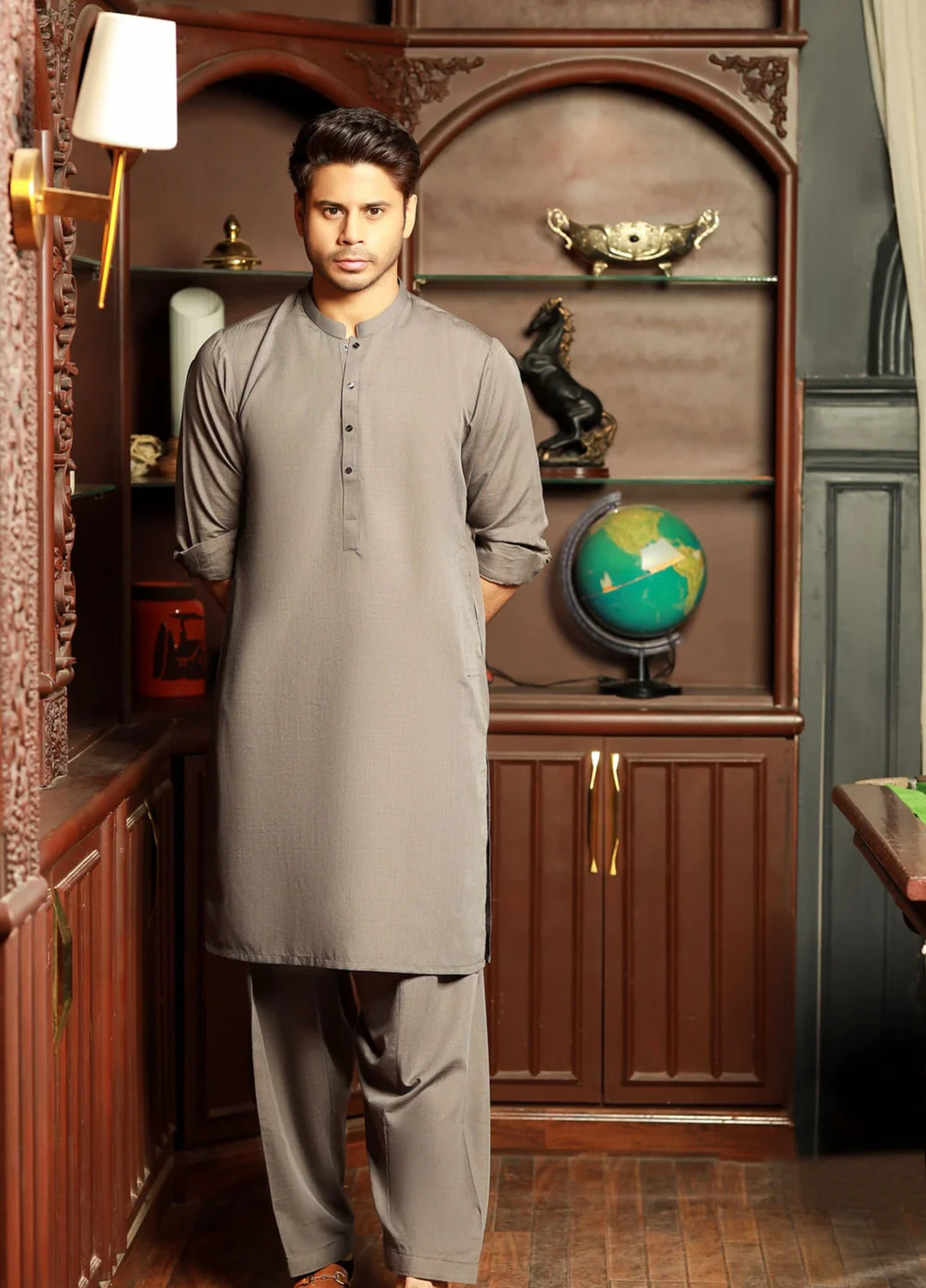 Stitching Cotton RTW Men Poly Kameez Shalwar Suit Vintage Grey - Casual Collection