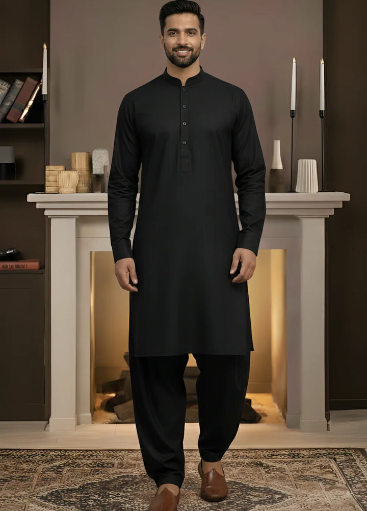 Stitching Cotton RTW Men Poly Kameez Shalwar Suit Vintage Black - Casual Collection