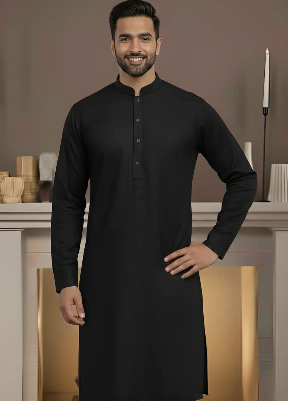 Stitching Cotton RTW Men Poly Kameez Shalwar Suit Vintage Black - Casual Collection