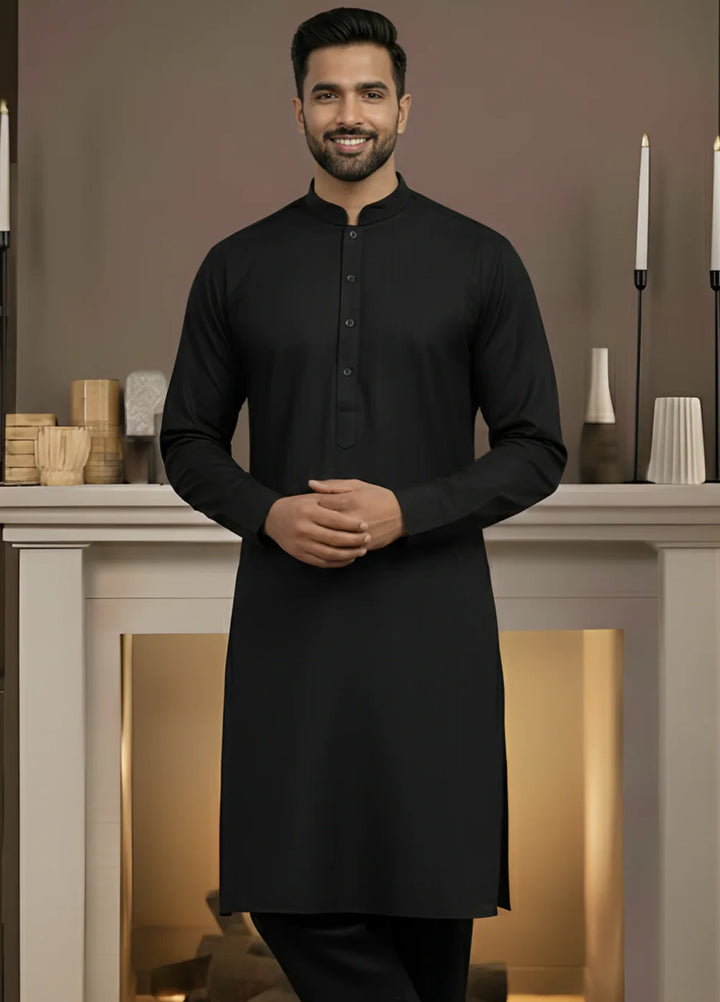 Stitching Cotton RTW Men Poly Kameez Shalwar Suit Vintage Black - Casual Collection