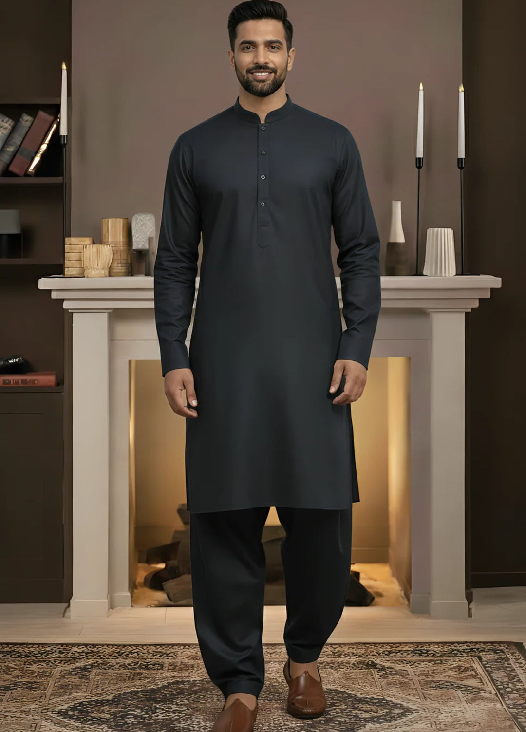 Stitching Cotton RTW Men Poly Kameez Shalwar Suit Vintage Navy Black - Casual Collection
