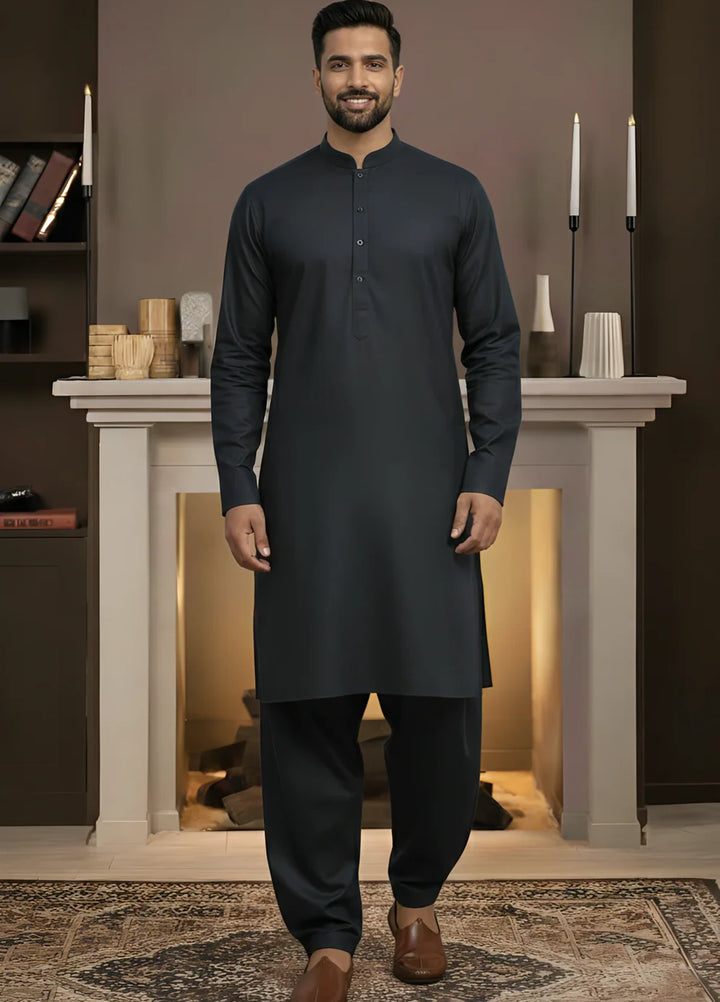 Stitching Cotton RTW Men Poly Kameez Shalwar Suit Vintage Navy Black - Casual Collection