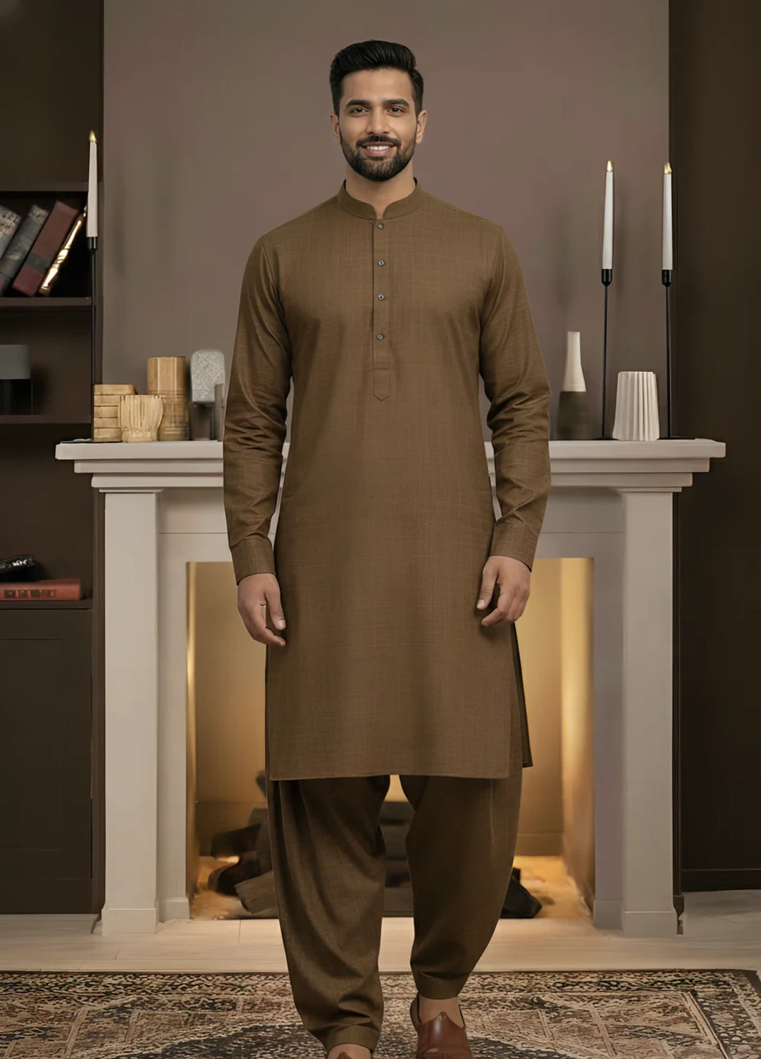 Stitching Cotton RTW Men Poly Kameez Shalwar Suit Vintage Brown - Casual Collection