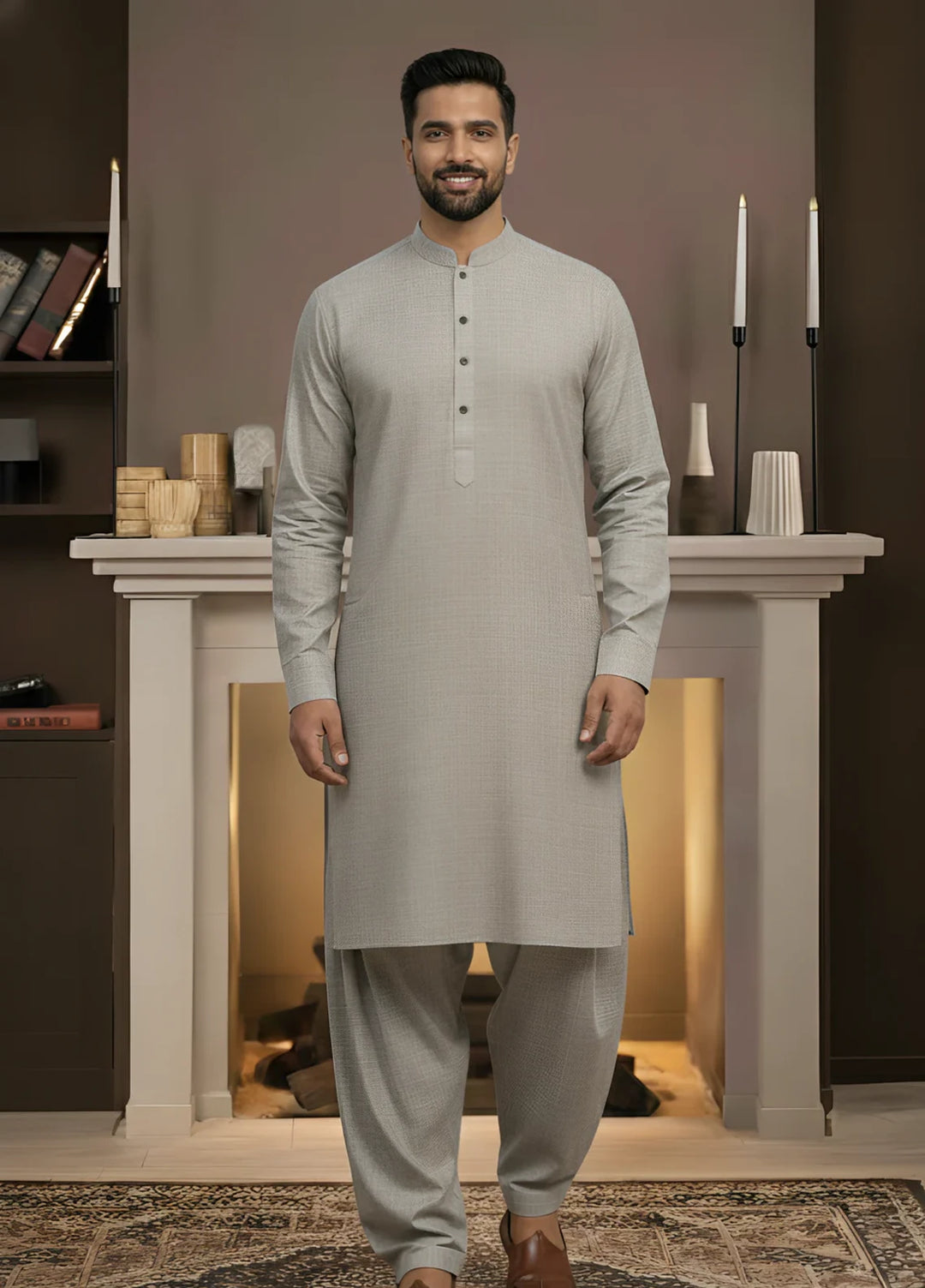 Stitching Cotton RTW Men Poly Kameez Shalwar Suit Vintage Ash Grey - Casual Collection