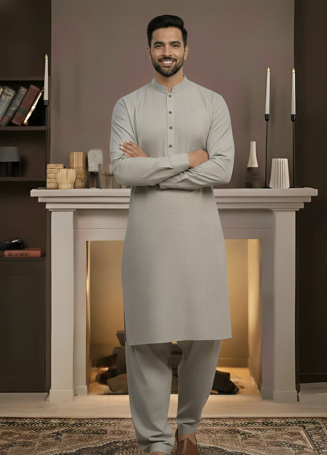 Stitching Cotton RTW Men Poly Kameez Shalwar Suit Vintage Ash Grey - Casual Collection