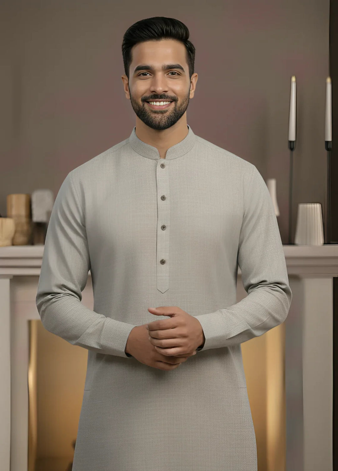 Stitching Cotton RTW Men Poly Kameez Shalwar Suit Vintage Ash Grey - Casual Collection
