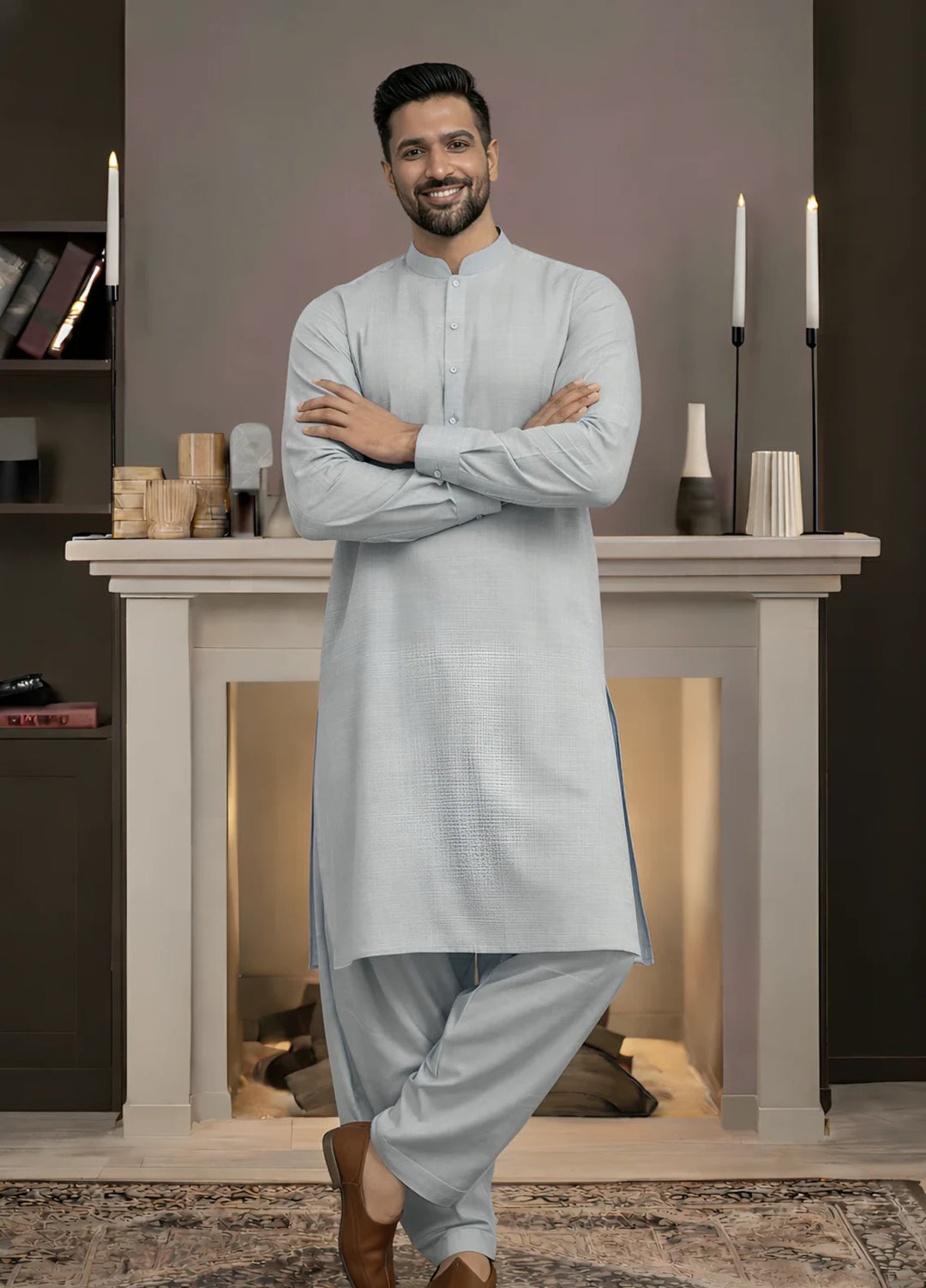 Stitching Cotton RTW Men Poly Kameez Shalwar Suit Vintage Sky - Casual Collection