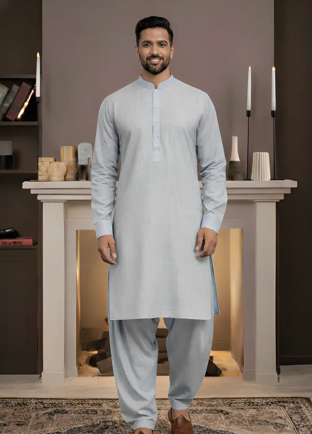 Stitching Cotton RTW Men Poly Kameez Shalwar Suit Vintage Sky - Casual Collection