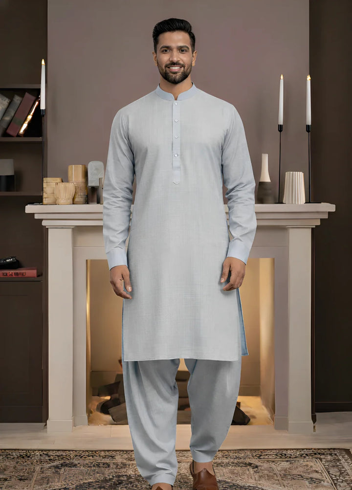 Stitching Cotton RTW Men Poly Kameez Shalwar Suit Vintage Sky - Casual Collection