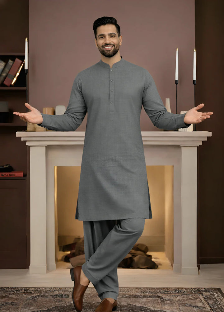 Stitching Cotton RTW Men Poly Kameez Shalwar Suit Vintage D Grey - Casual Collection