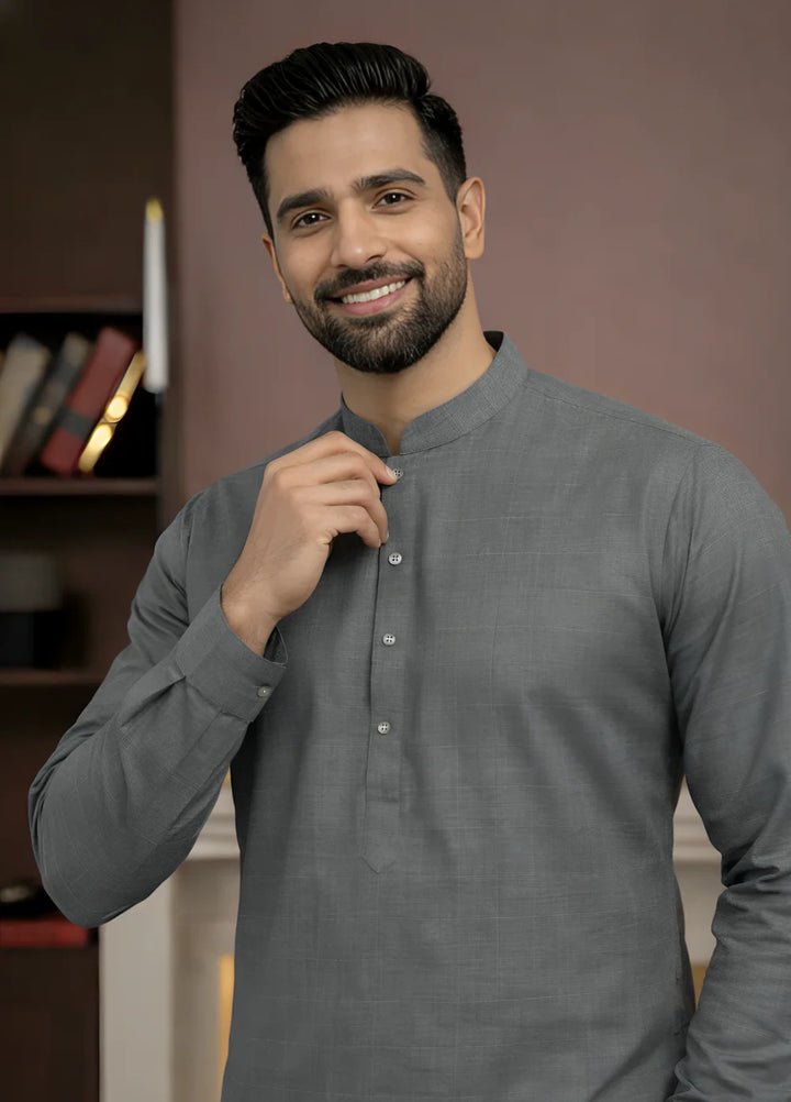 Stitching Cotton RTW Men Poly Kameez Shalwar Suit Vintage D Grey - Casual Collection