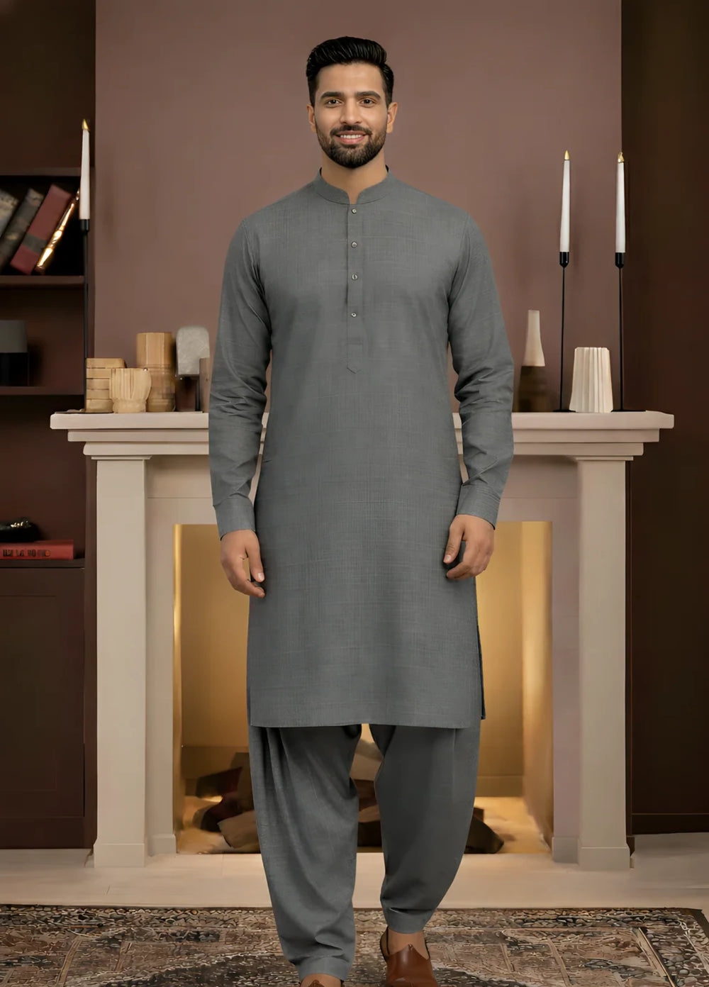 Stitching Cotton RTW Men Poly Kameez Shalwar Suit Vintage D Grey - Casual Collection