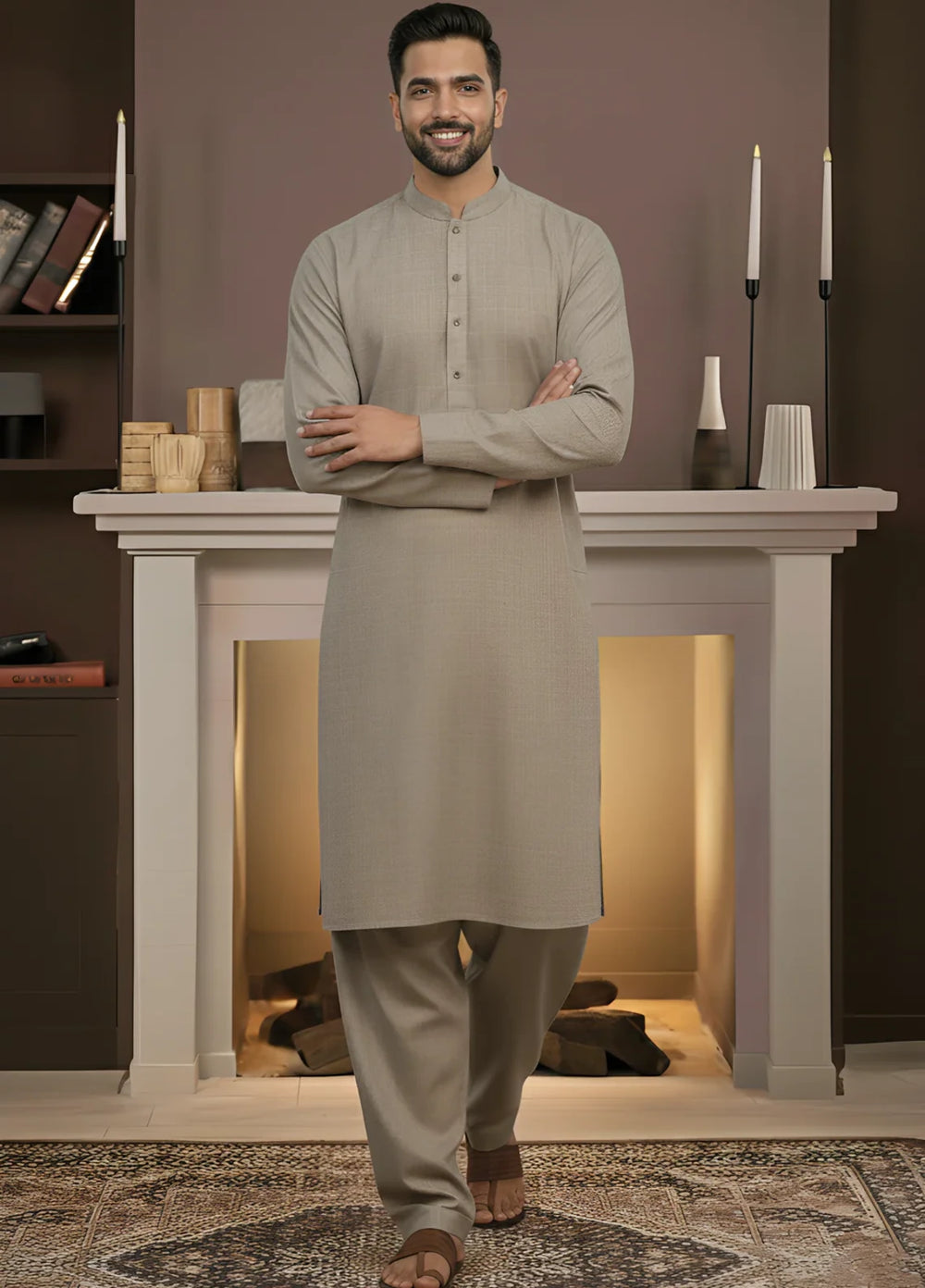 Stitching Cotton RTW Men Poly Kameez Shalwar Suit Vintage Camel - Casual Collection