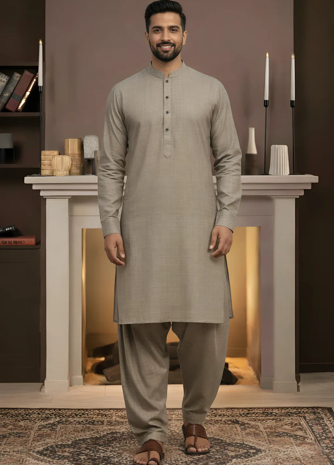 Stitching Cotton RTW Men Poly Kameez Shalwar Suit Vintage Camel - Casual Collection