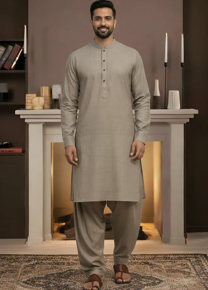 Stitching Cotton RTW Men Poly Kameez Shalwar Suit Vintage Camel - Casual Collection