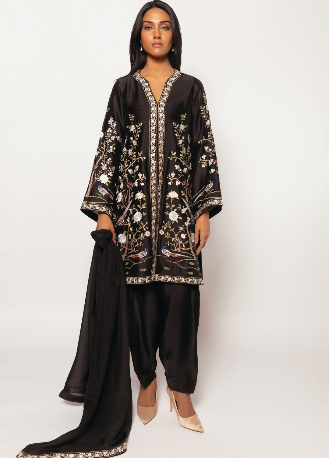 Gulenoor Women RTW Embroidered Sheesha Silk 3 Piece Suit Midnight Birds - Festive Collection