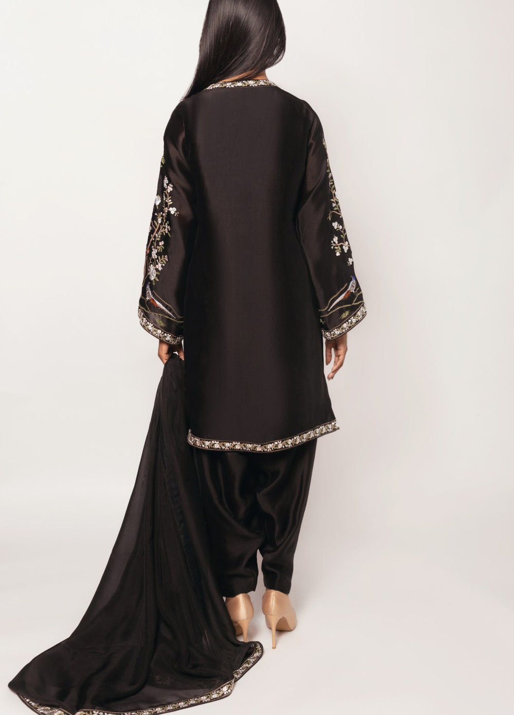 Gulenoor Women RTW Embroidered Sheesha Silk 3 Piece Suit Midnight Birds - Festive Collection