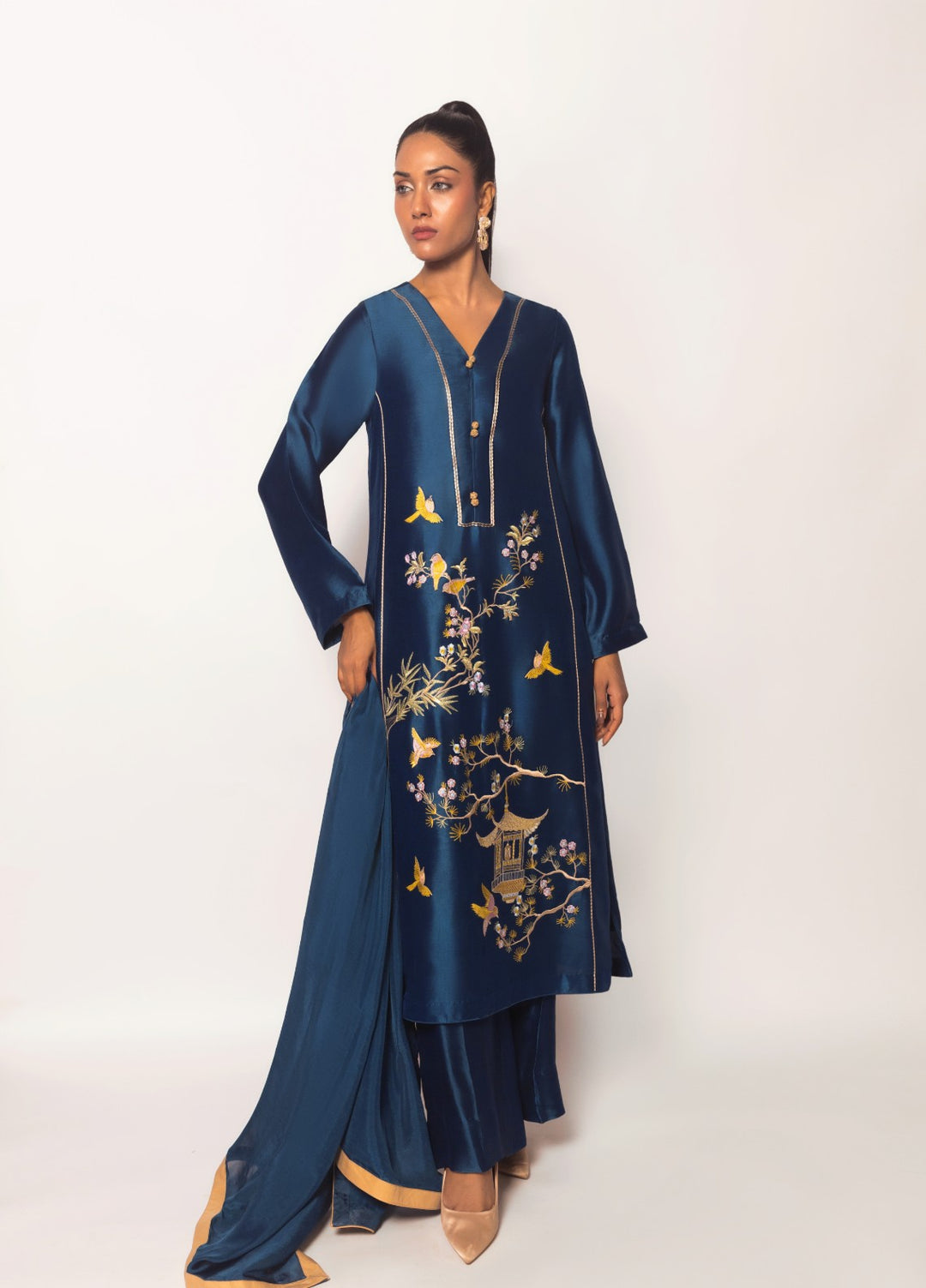 Gulenoor Women RTW Embroidered Sheesha Silk 3 Piece Suit The Teal Pagoda - Festive Collection