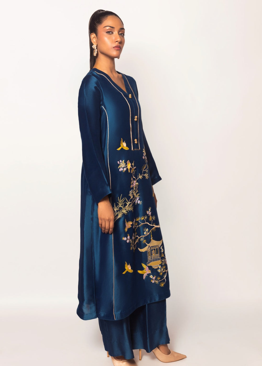 Gulenoor Women RTW Embroidered Sheesha Silk 3 Piece Suit The Teal Pagoda - Festive Collection