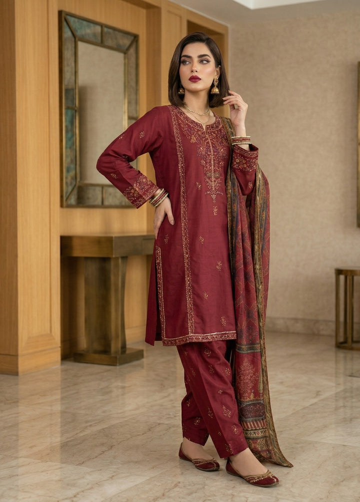 Regalia by Diara Couture RTW Embroidered Lawn 3 Piece Suit FARHEEN ZP-72 MAROON Casual Collection