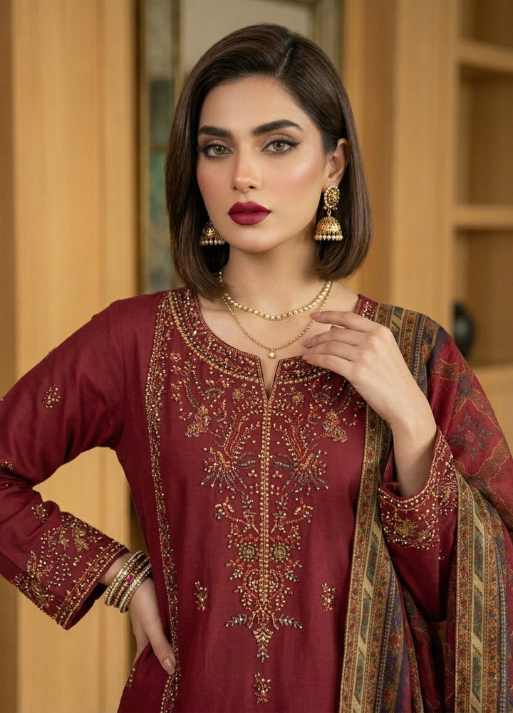 Regalia by Diara Couture RTW Embroidered Lawn 3 Piece Suit FARHEEN ZP-72 MAROON Casual Collection