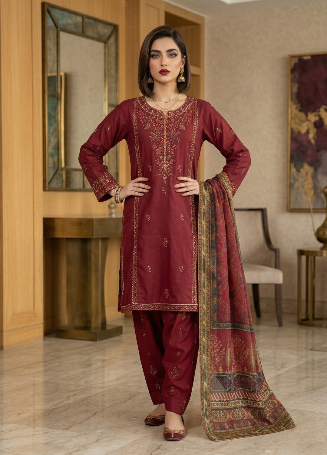 Regalia by Diara Couture RTW Embroidered Lawn 3 Piece Suit FARHEEN ZP-72 MAROON Casual Collection