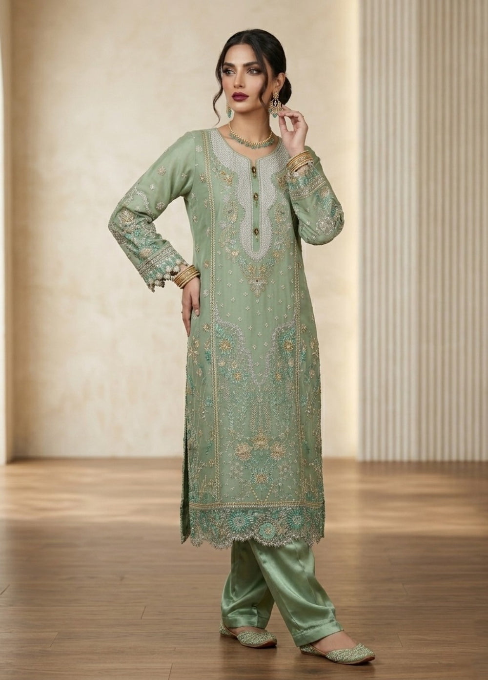 Regalia by Diara Couture RTW Embroidered Organza 3 Piece Suit ALEVRA UN-1004 PASTEL GREEN - Festive Collection