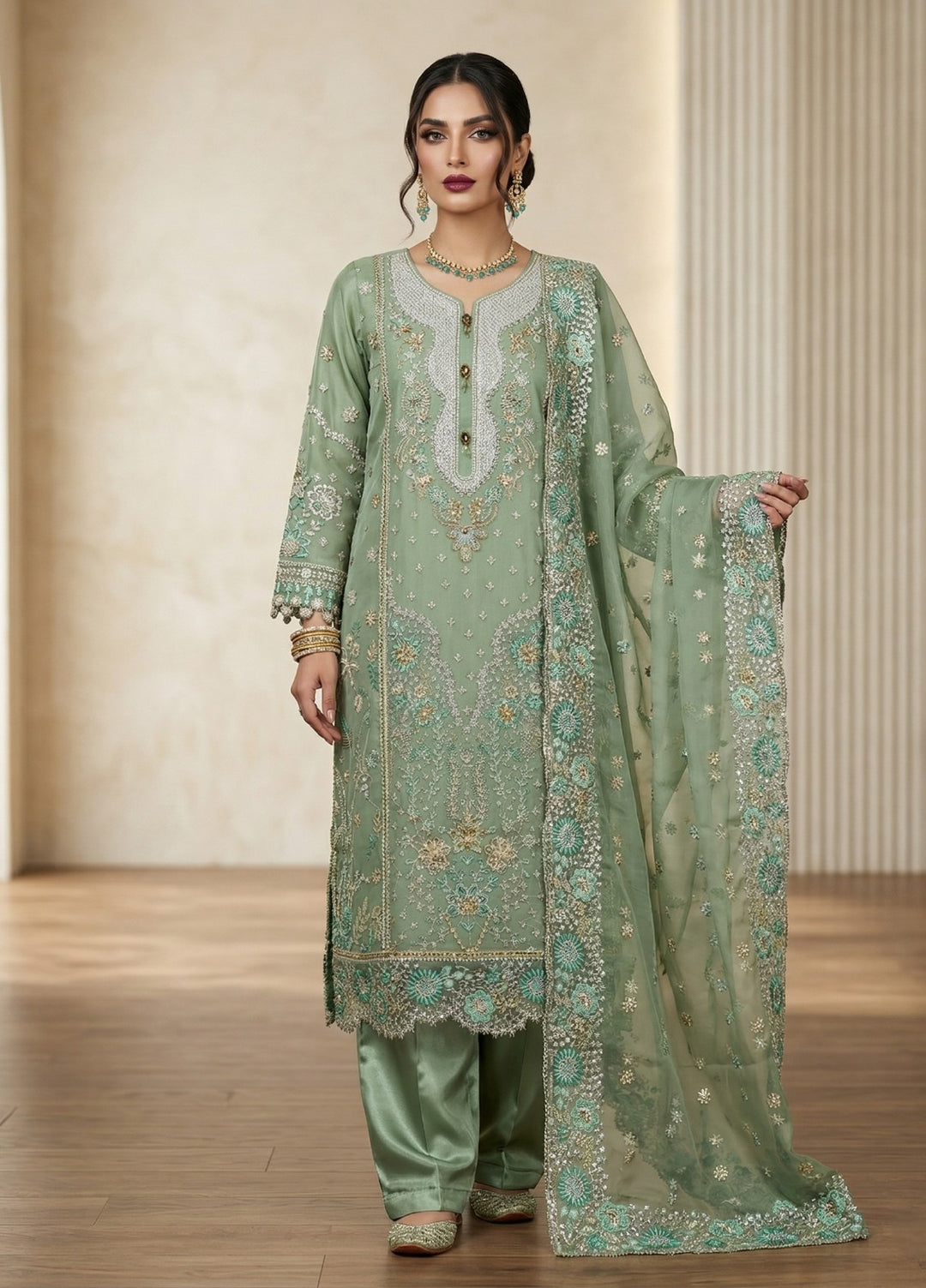 Regalia by Diara Couture RTW Embroidered Organza 3 Piece Suit ALEVRA UN-1004 PASTEL GREEN - Festive Collection