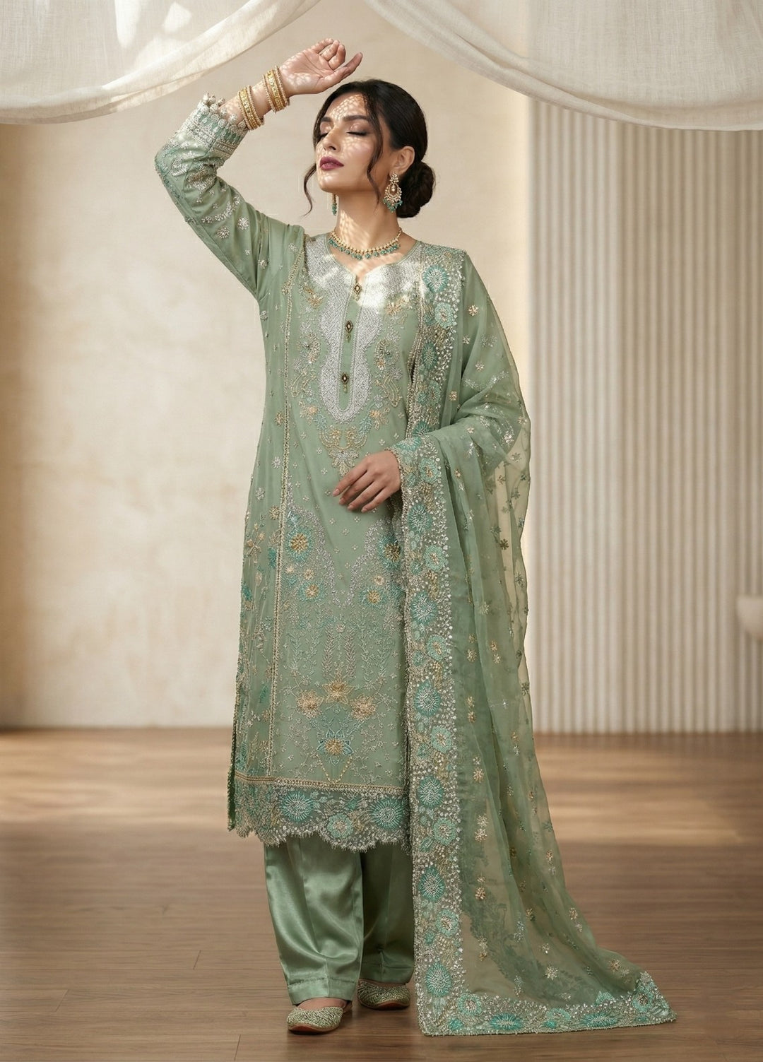Regalia by Diara Couture RTW Embroidered Organza 3 Piece Suit ALEVRA UN-1004 PASTEL GREEN - Festive Collection