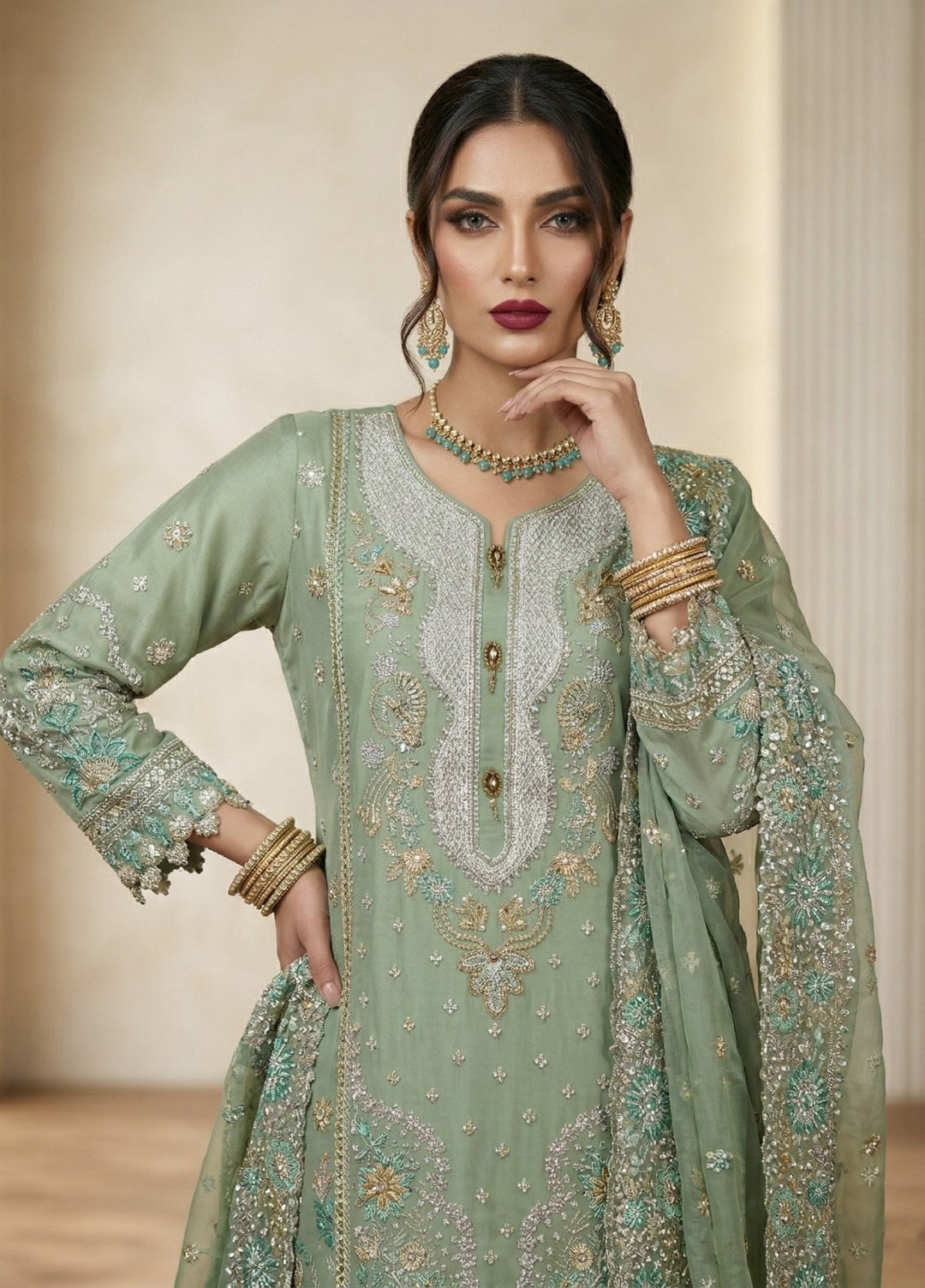 Regalia by Diara Couture RTW Embroidered Organza 3 Piece Suit ALEVRA UN-1004 PASTEL GREEN - Festive Collection