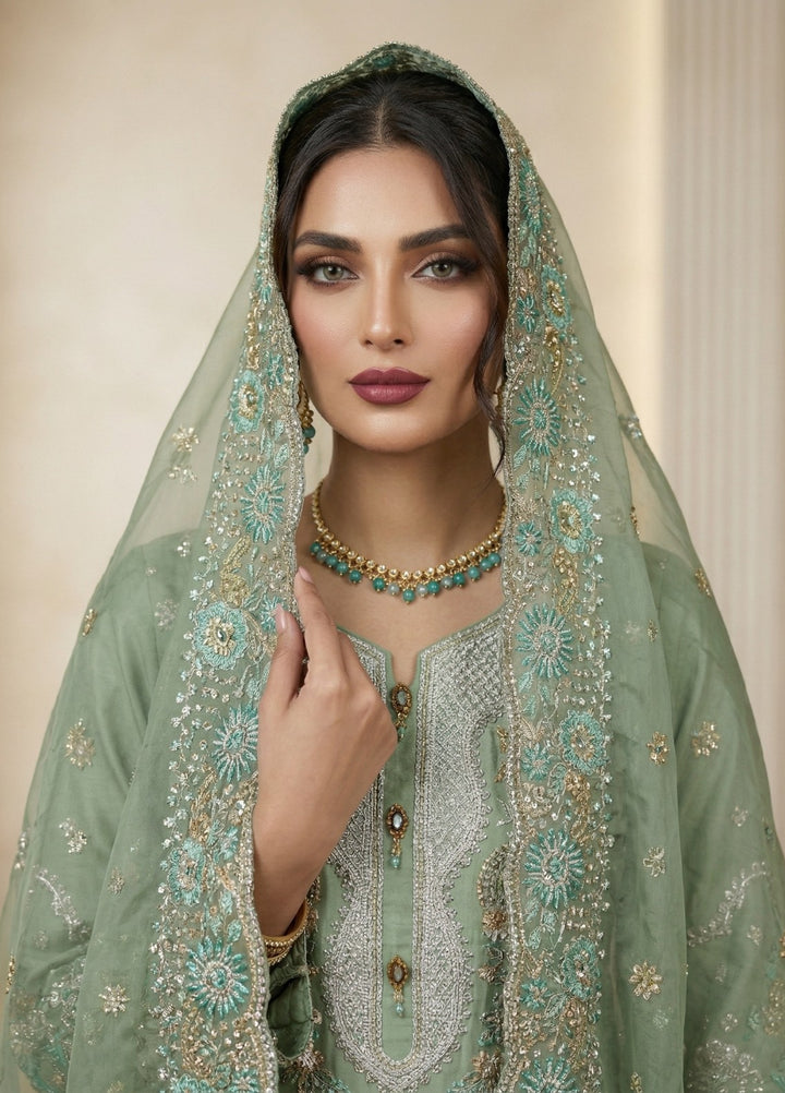 Regalia by Diara Couture RTW Embroidered Organza 3 Piece Suit ALEVRA UN-1004 PASTEL GREEN - Festive Collection