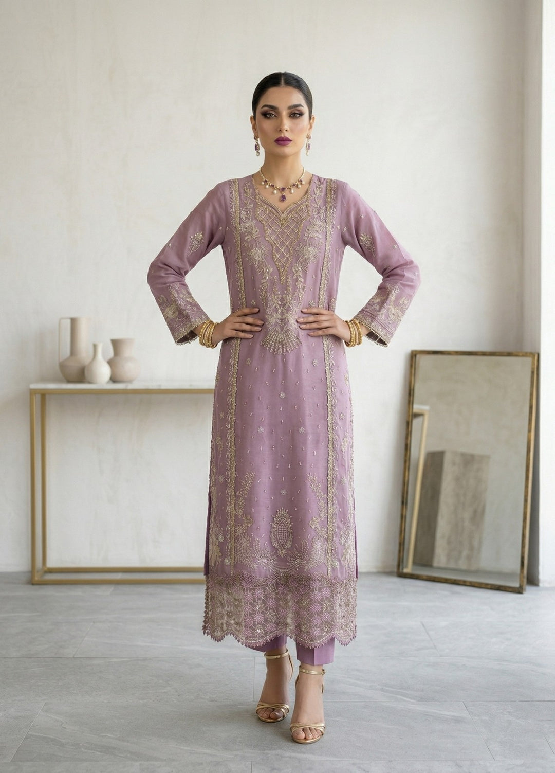 Regalia by Diara Couture RTW Embroidered Organza 3 Piece Suit RAHEELA UN-1003 GREY - Festive Collection