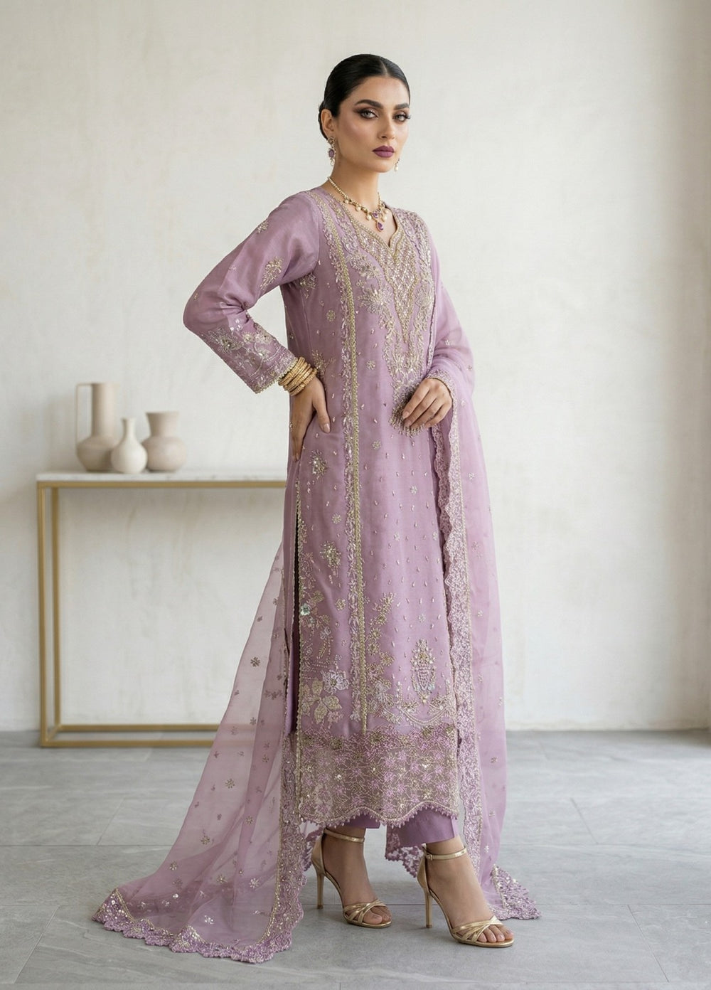 Regalia by Diara Couture RTW Embroidered Organza 3 Piece Suit RAHEELA UN-1003 GREY - Festive Collection