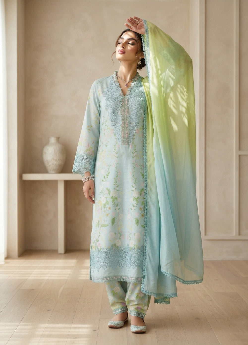 Regalia by Diara Couture RTW Embroidered Raw Silk 3 Piece Suit SORELLE DPR-01 AQUA - Festive Collection