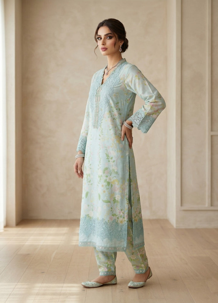Regalia by Diara Couture RTW Embroidered Raw Silk 3 Piece Suit SORELLE DPR-01 AQUA - Festive Collection