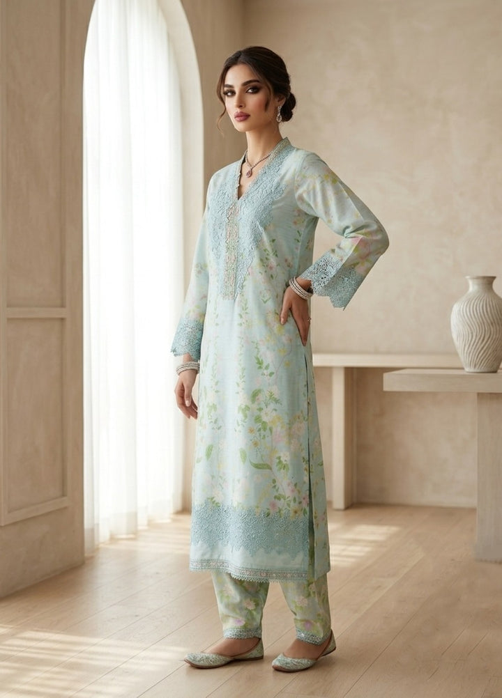 Regalia by Diara Couture RTW Embroidered Raw Silk 3 Piece Suit SORELLE DPR-01 AQUA - Festive Collection
