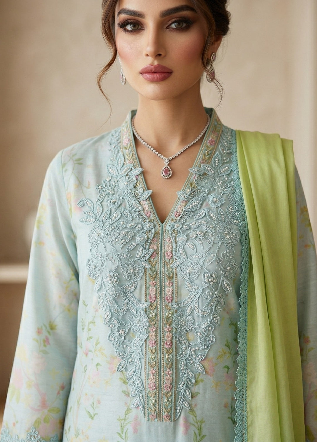 Regalia by Diara Couture RTW Embroidered Raw Silk 3 Piece Suit SORELLE DPR-01 AQUA - Festive Collection