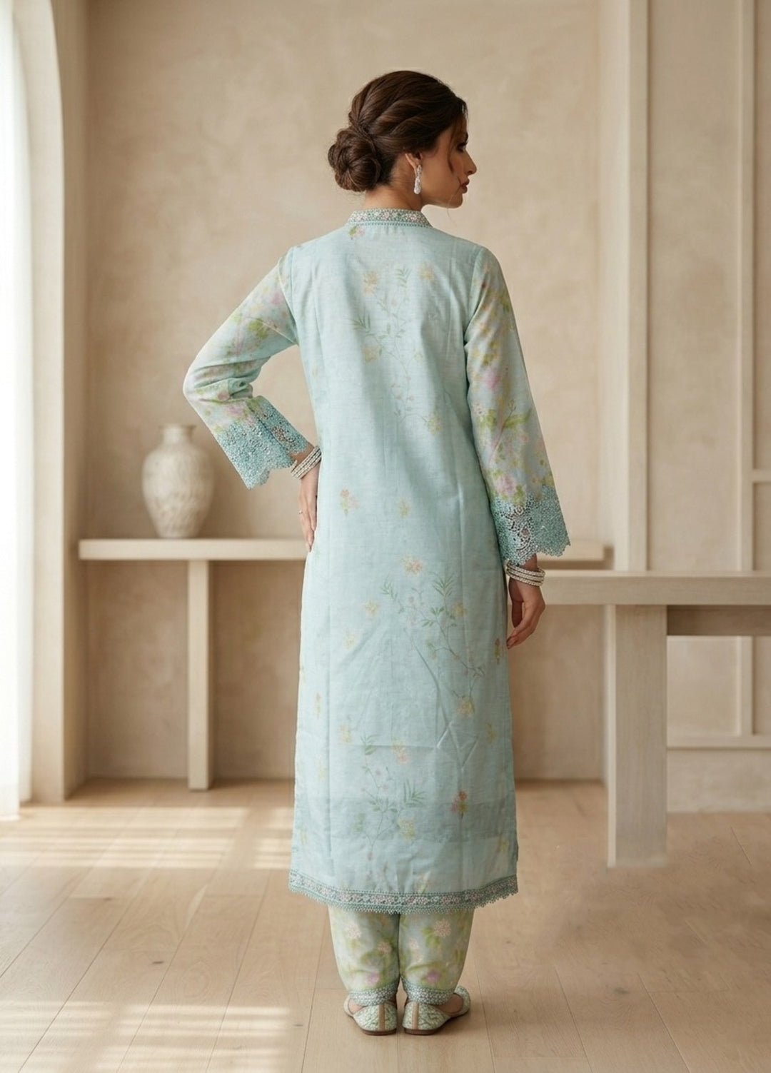 Regalia by Diara Couture RTW Embroidered Raw Silk 3 Piece Suit SORELLE DPR-01 AQUA - Festive Collection