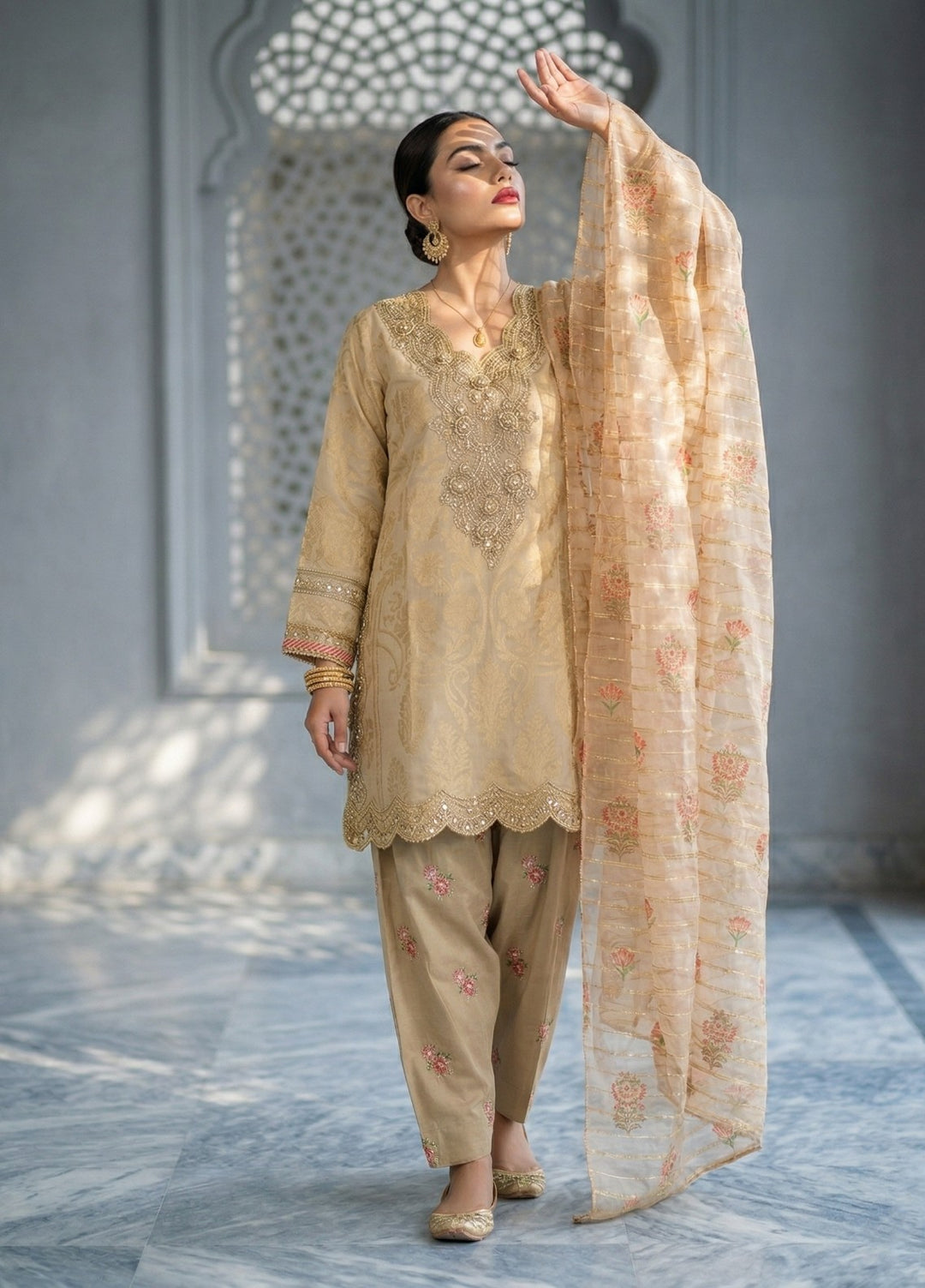 Elara By Diara Couture Women RTW Embroidered Jacquard 3 Piece Suit JK-30 Beige - Eid Collection