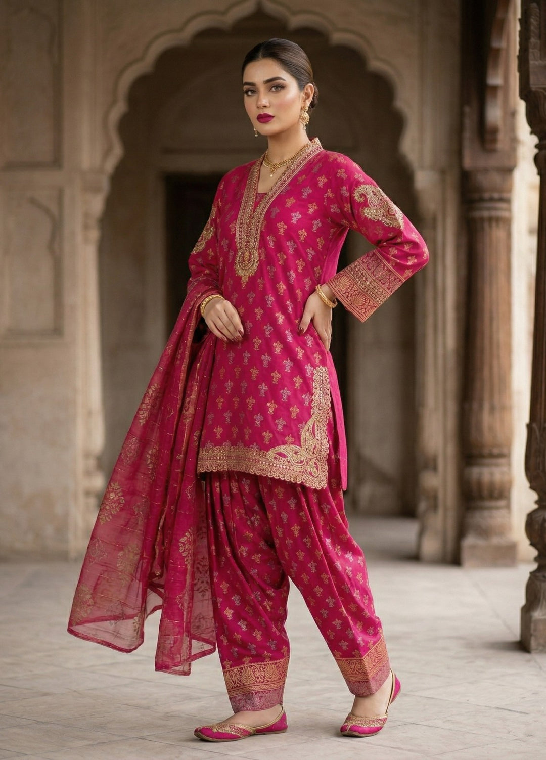 Elara By Diara Couture Women RTW Embroidered Jacquard 3 Piece Suit JK-24 Shocking Pink - Eid Collection