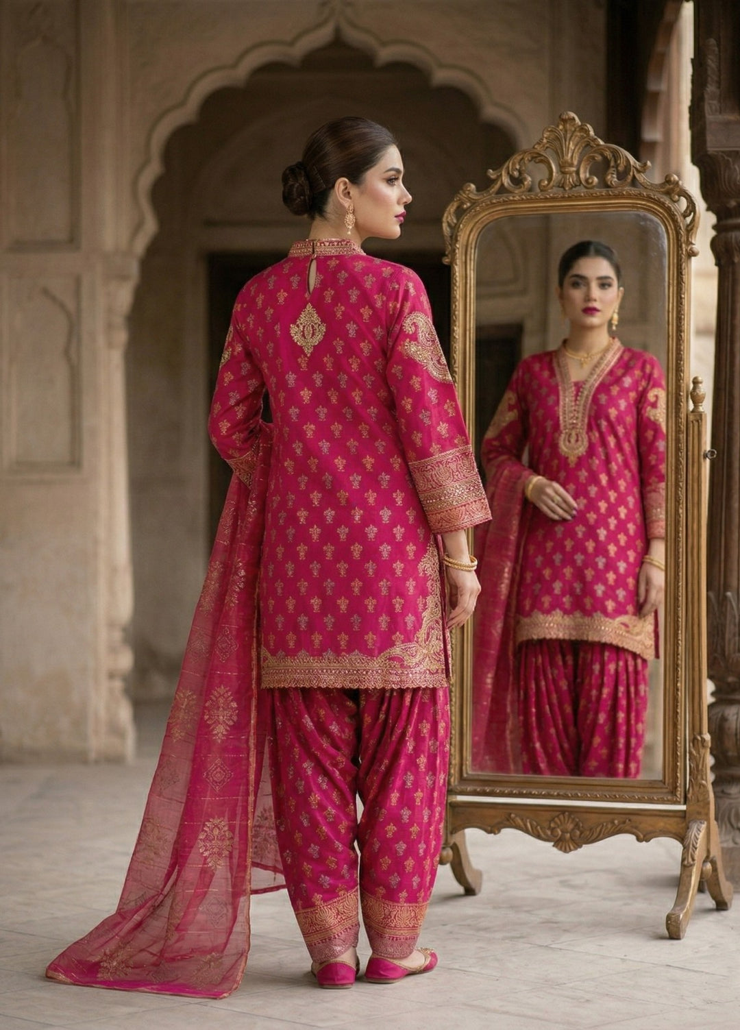 Elara By Diara Couture Women RTW Embroidered Jacquard 3 Piece Suit JK-24 Shocking Pink - Eid Collection