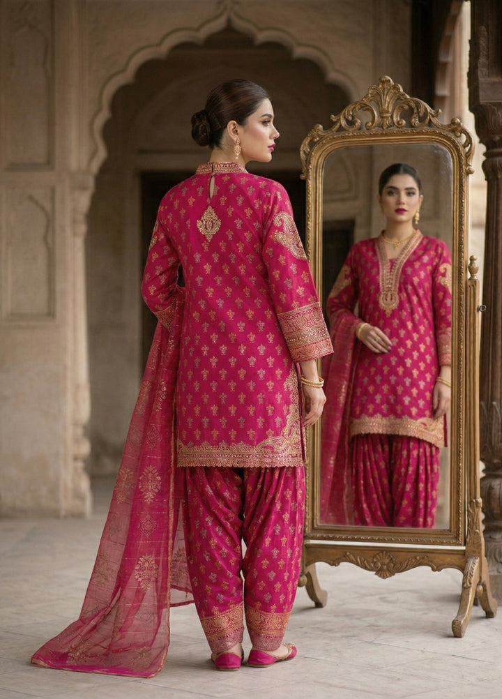 Elara By Diara Couture Women RTW Embroidered Jacquard 3 Piece Suit JK-24 Shocking Pink - Eid Collection